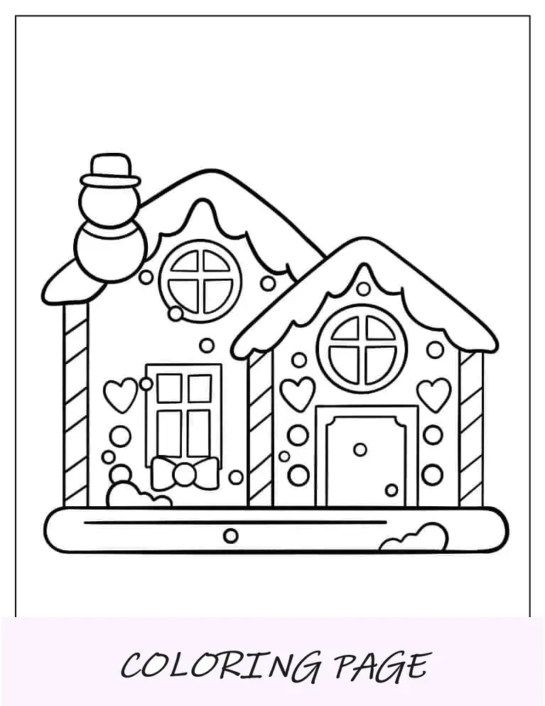 Página para colorir de Natal de uma linda casa de gengibre com corações