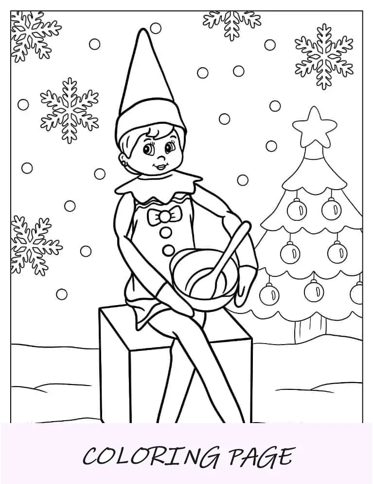 Página para colorir de Natal do Elfo Fofo na Prateleira