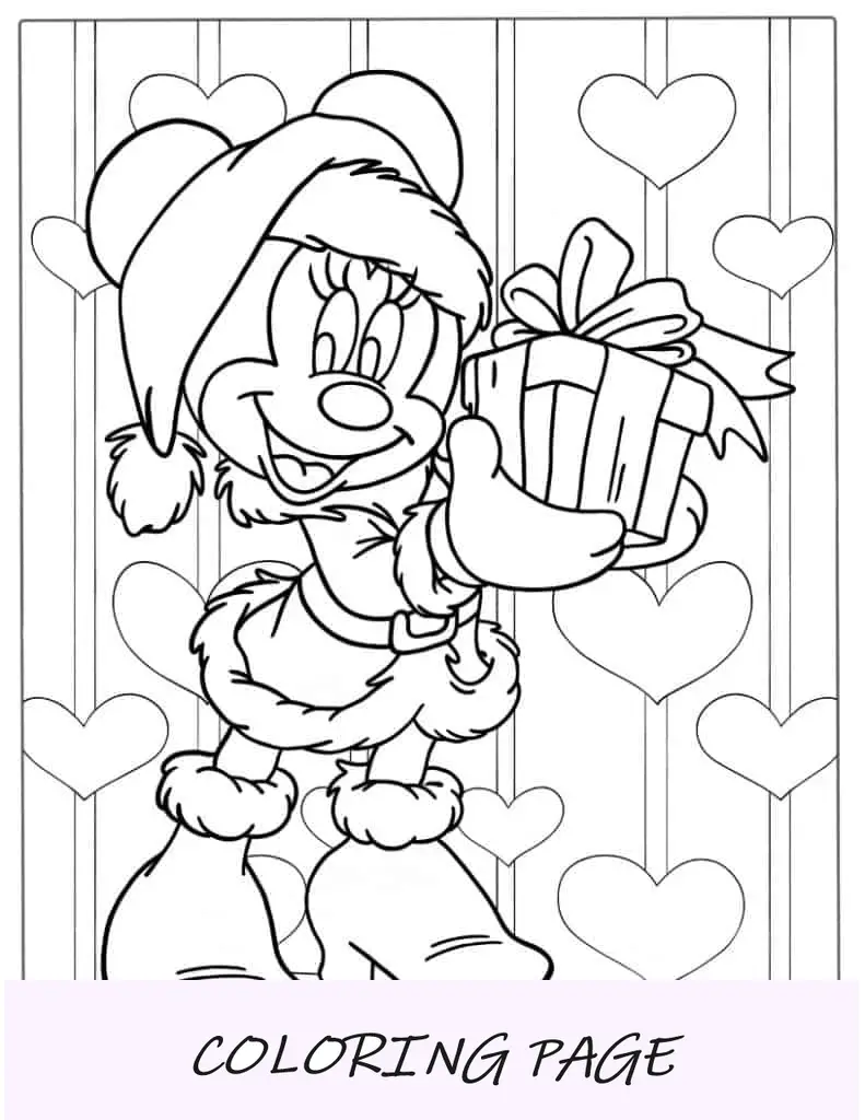 Página para colorir de Natal da Minnie Mouse com roupa de Papai Noel
