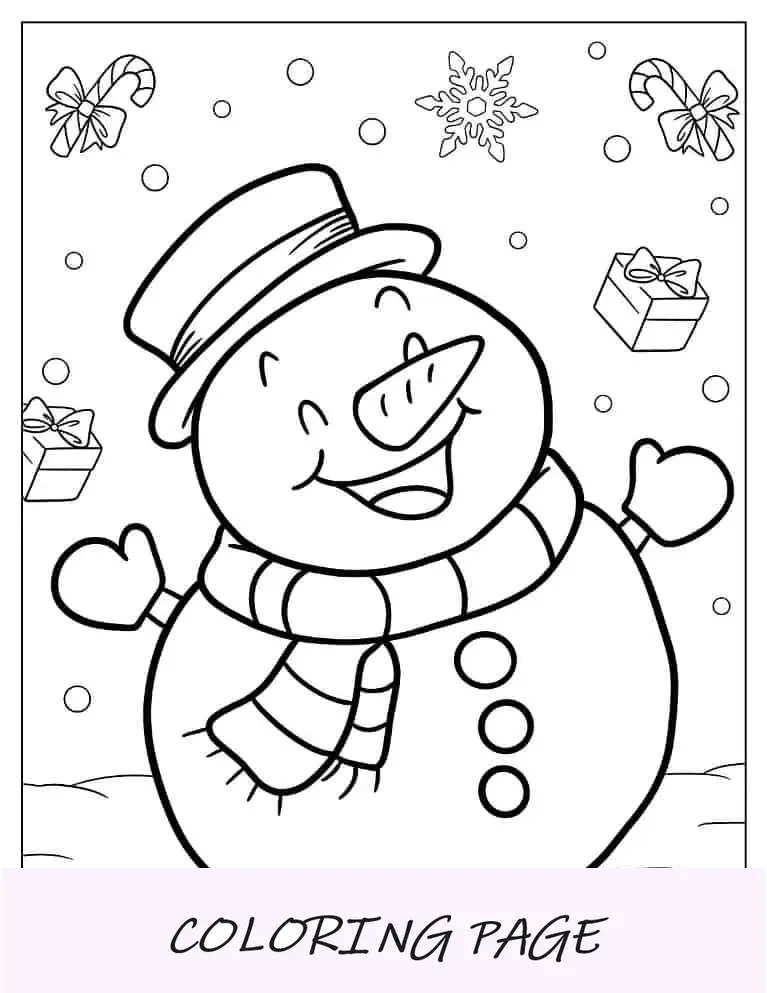 Página para colorir de Natal do Grande Boneco de Neve Feliz