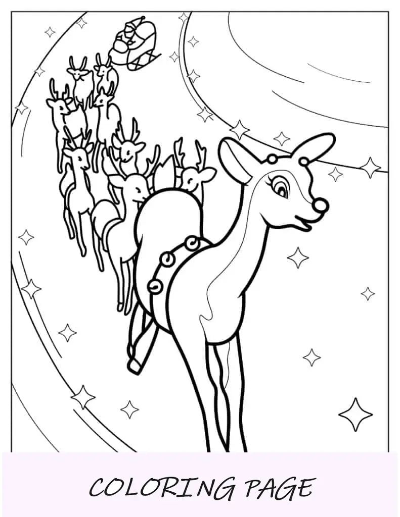 Página para colorir de Natal de Rudolph conduzindo o trenó do Papai Noel