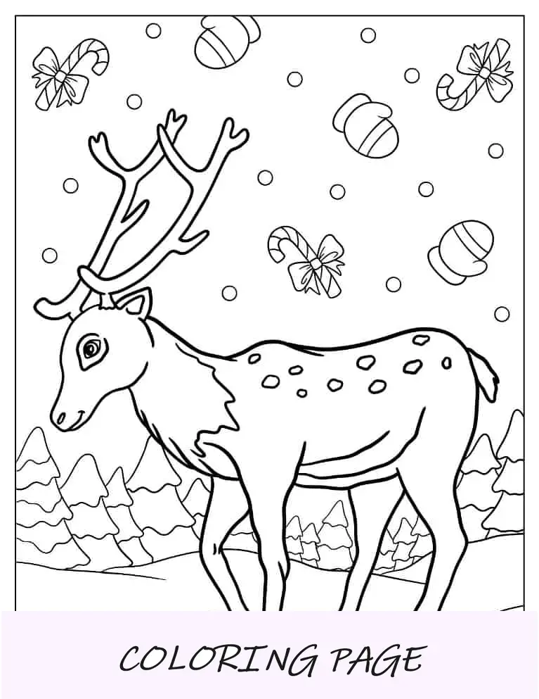 Página para colorir de Natal de renas na floresta nevada