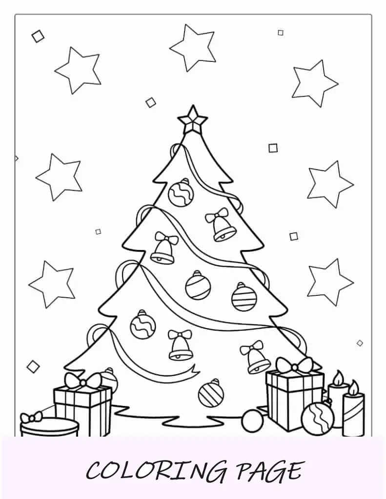 Página para colorir de Natal da árvore de Natal com sinos e presentes