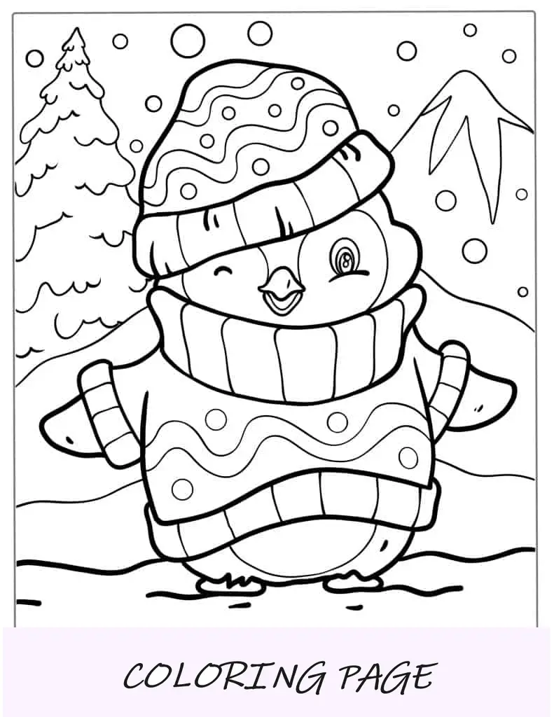 Página para colorir de Natal do pinguim de Natal dançando na neve