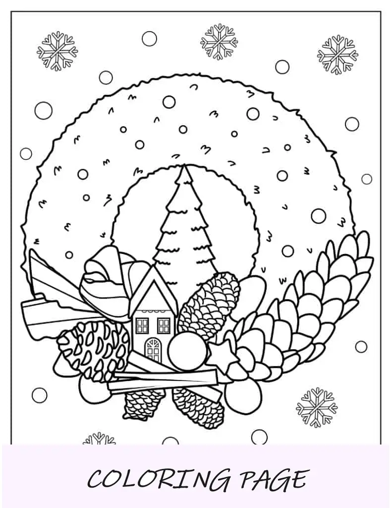 Página para colorir de Natal de guirlanda de Natal com decorações de bolota