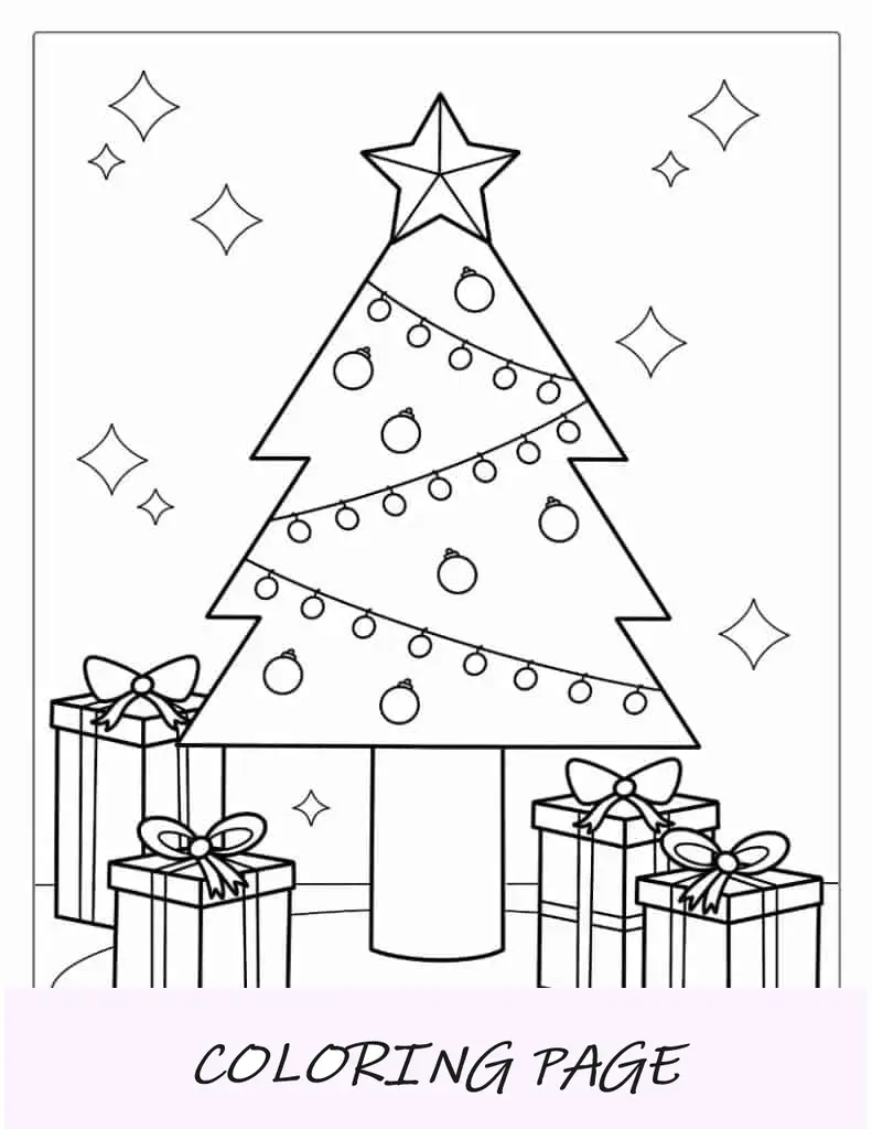 Página para colorir de Natal da árvore de Natal com muitos presentes