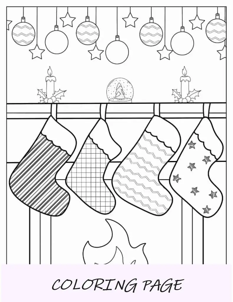 Página para colorir de Natal de meias de Natal na lareira