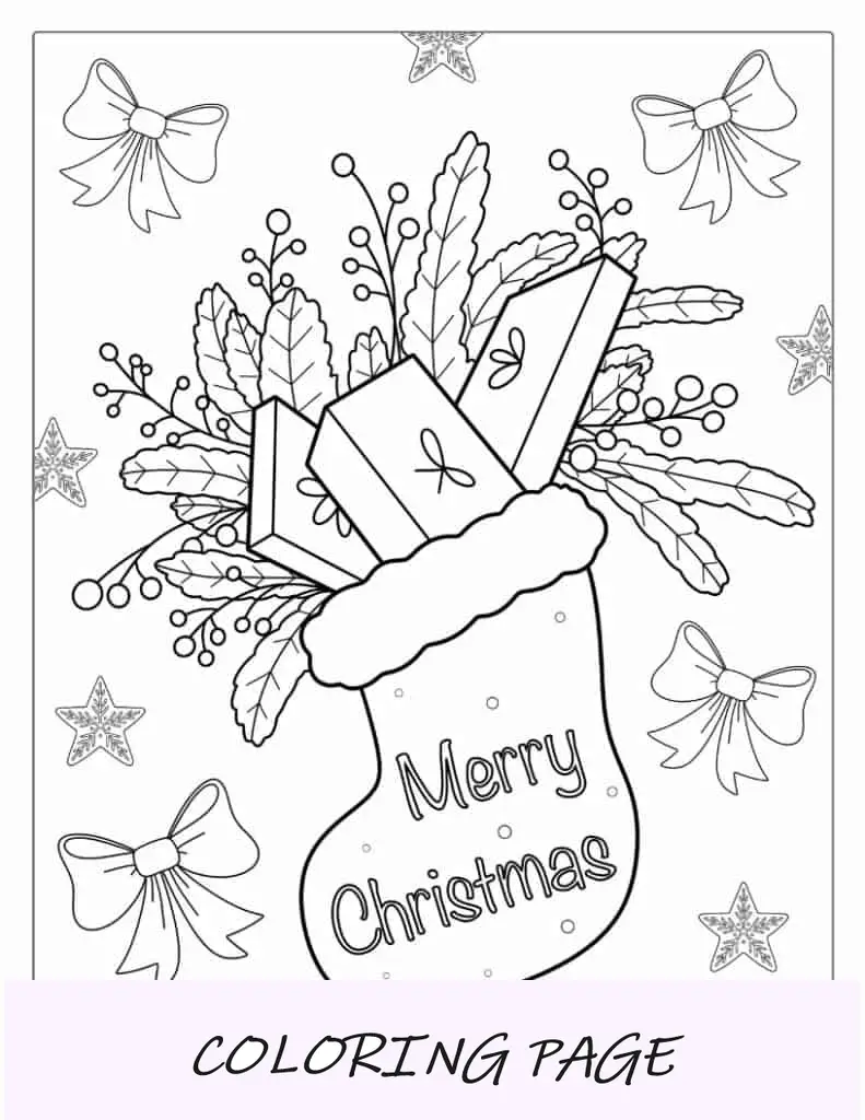 Página para colorir de Natal com meia de Natal cheia de presentes