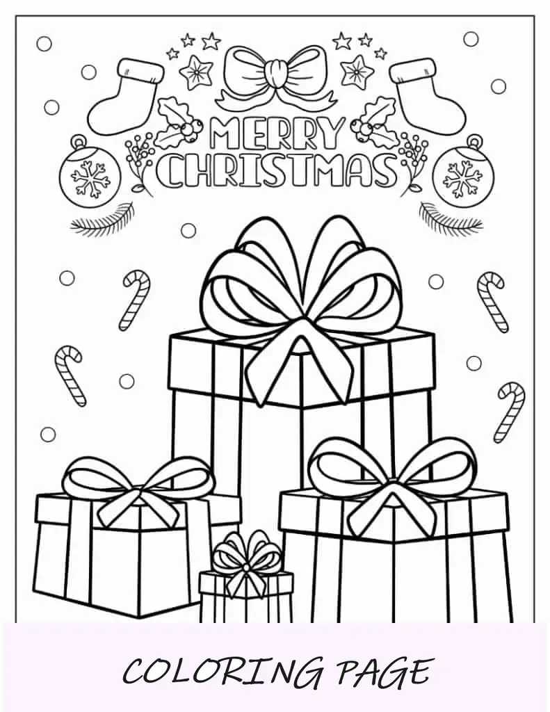 Página para colorir de Natal de presentes de Natal com grandes arcos