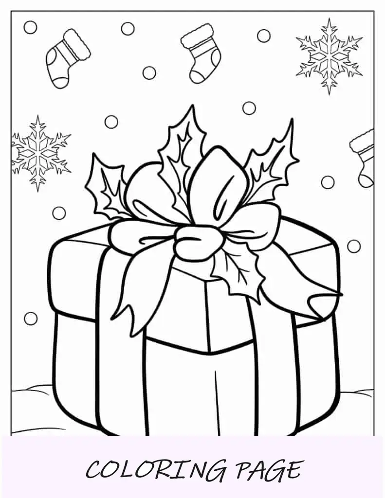 Página para colorir de Natal de presente de Natal com arco e visco
