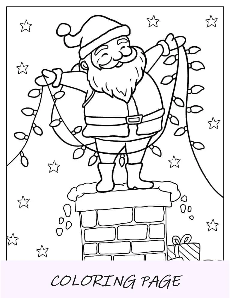 Página para colorir de Natal do desenho animado Papai Noel com luzes de Natal