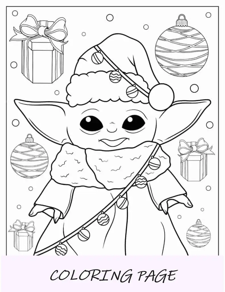 Página para colorir de Natal do bebê Yoda com luzes de Natal