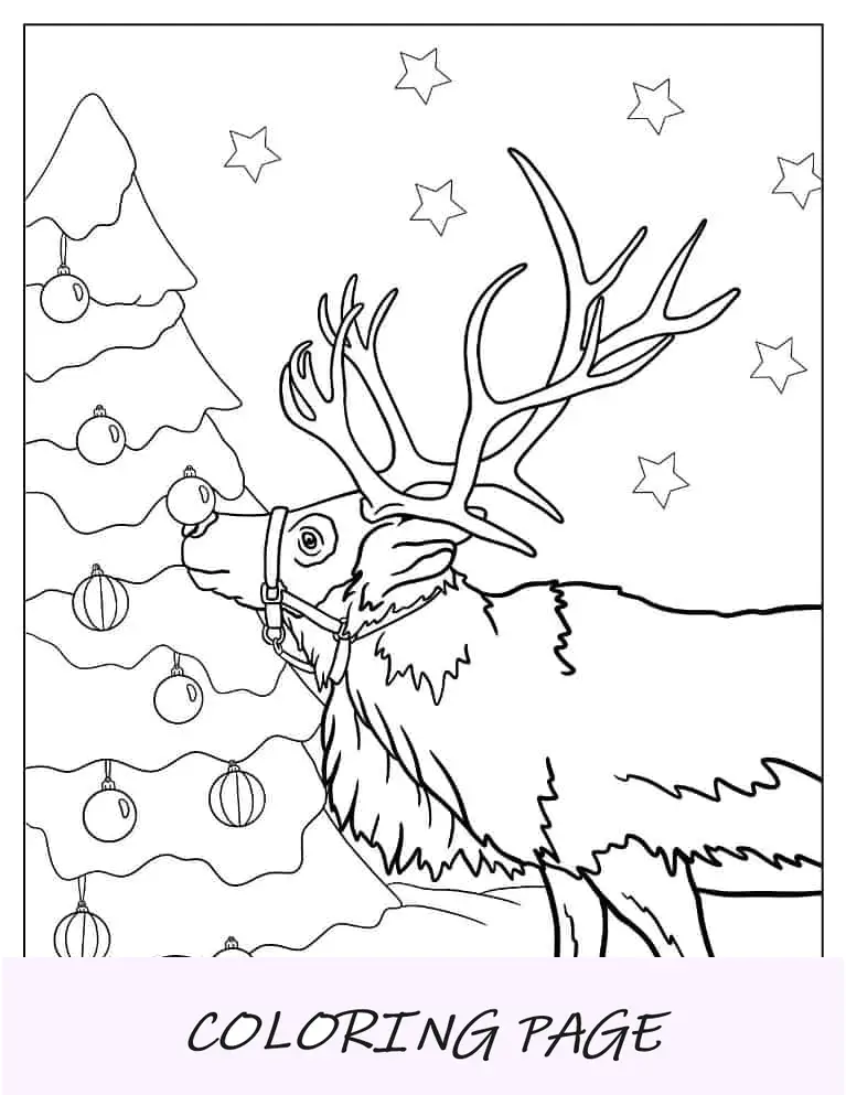 Páginas para colorir de Natal da árvore de Natal farejando renas