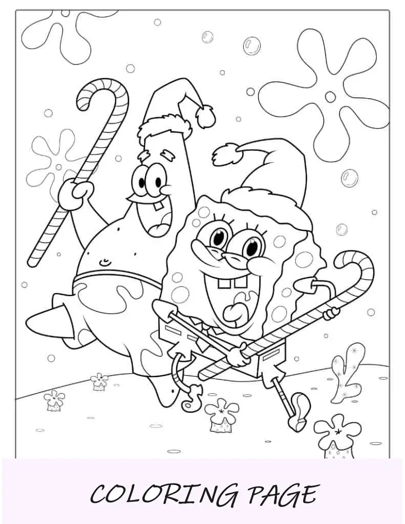 Páginas para colorir de Natal de Bob Esponja e Patrick com bengalas de Natal