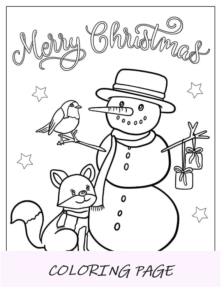 Páginas para colorir de Natal de boneco de neve com pássaro e raposa