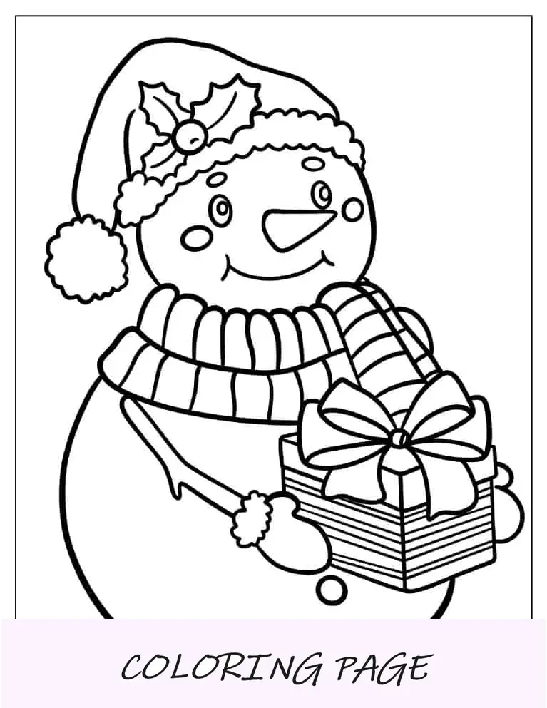 Páginas para colorir de Natal do boneco de neve segurando o presente de Natal