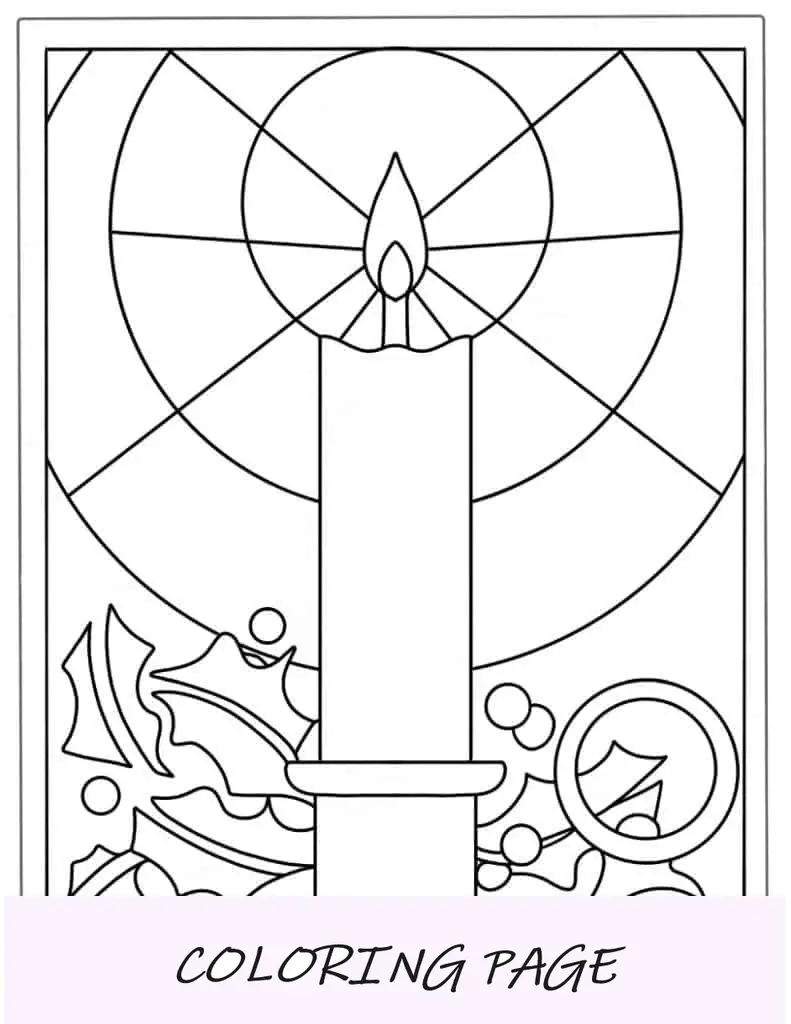 Página para colorir de Natal com design de vela de vitral