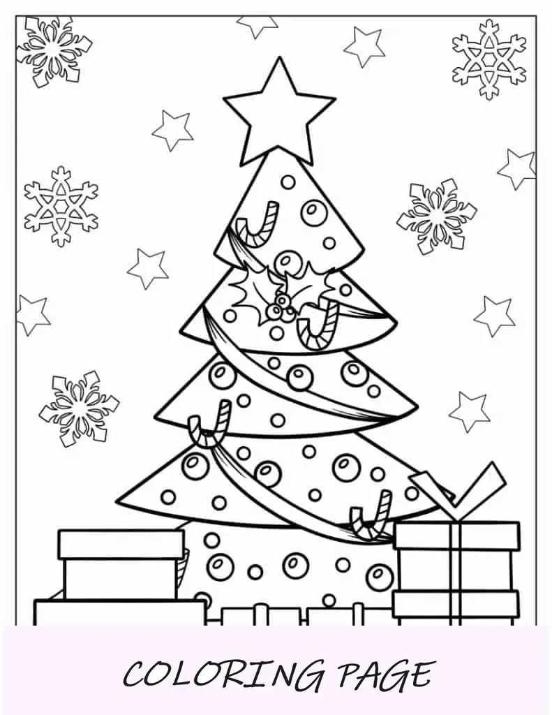 Página para colorir de Natal de árvore de Natal simples com presentes