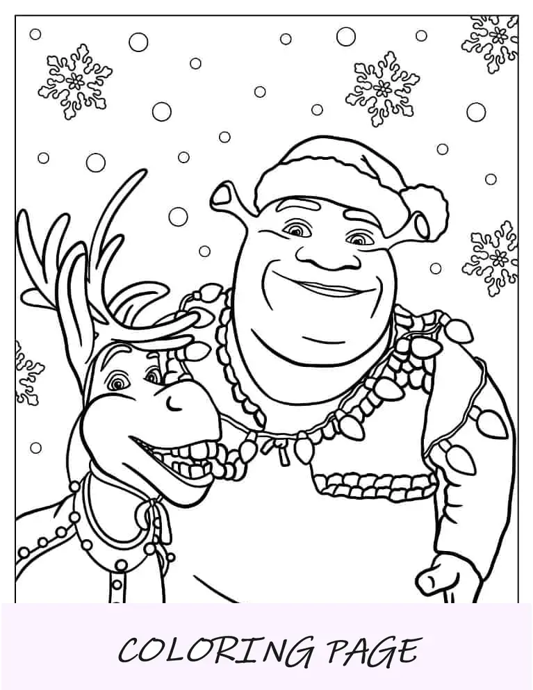 Página para colorir de Natal de Shrek e burro com luzes de Natal