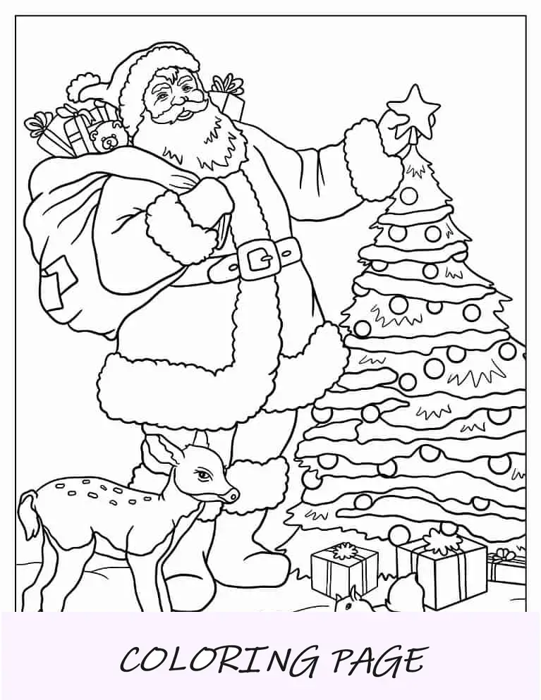Página para colorir de Natal do Papai Noel ao lado da árvore de Natal