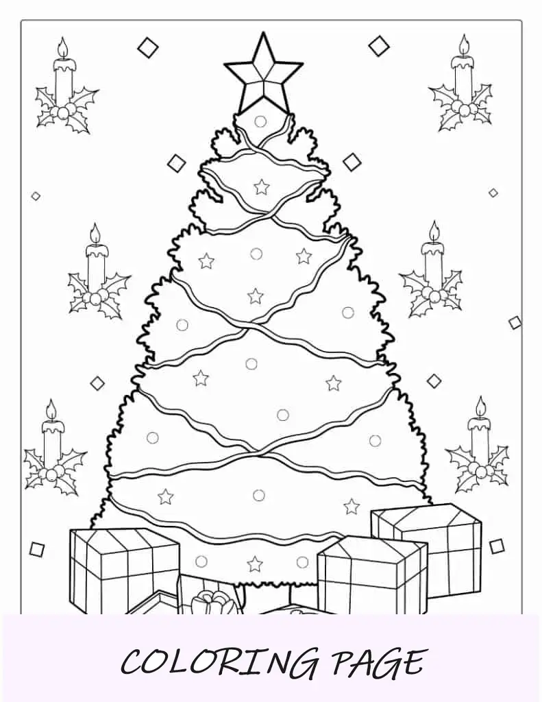 Página para colorir de Natal com contorno realista de árvore de Natal com presentes
