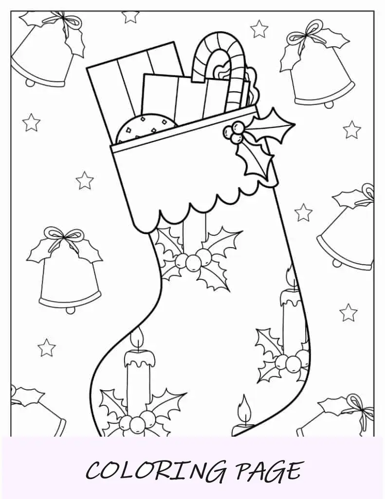 Página para colorir de Natal de linda meia de Natal com presentes