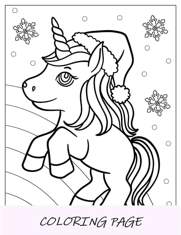 Página para colorir de Natal do contorno do unicórnio com chapéu de Papai Noel