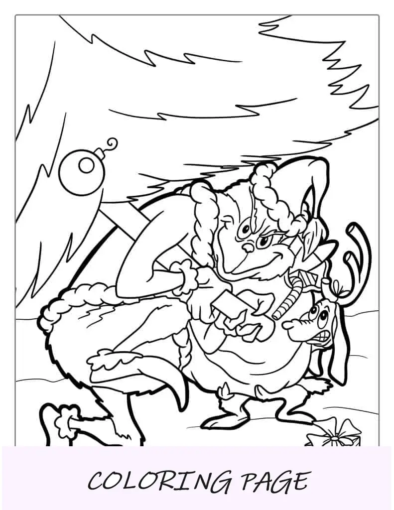 Página para colorir de Natal de O Grinch roubando a árvore de Natal