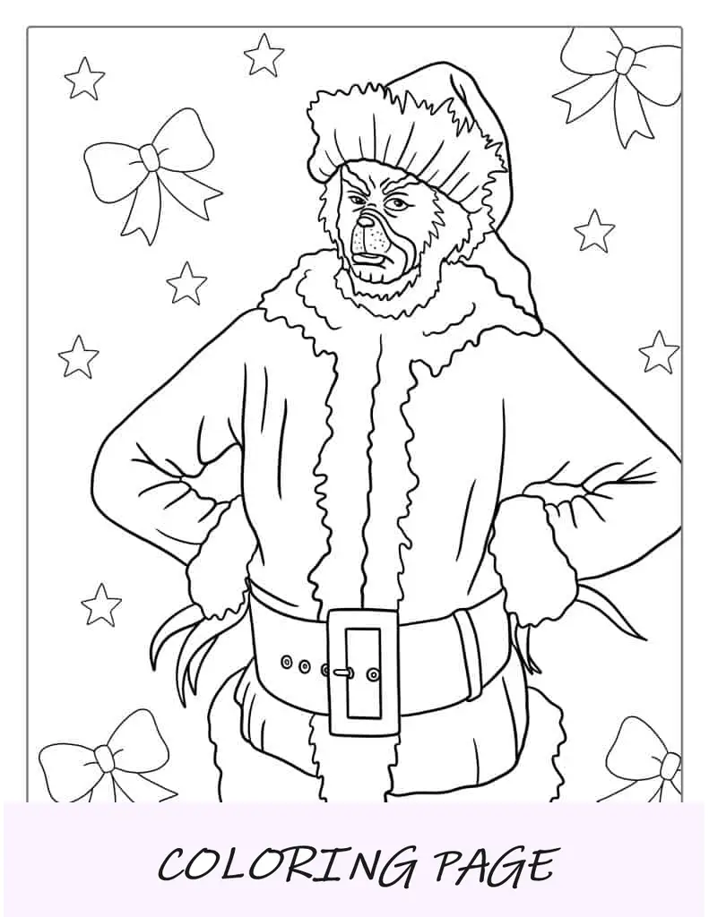 Página para colorir de Natal do Grinch com roupa completa de Papai Noel