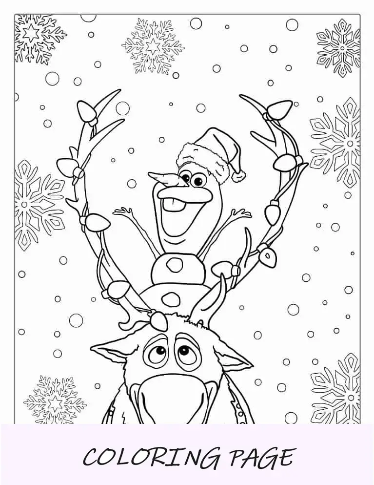 Página para colorir de Natal de Olaf e Sven no dia de Natal