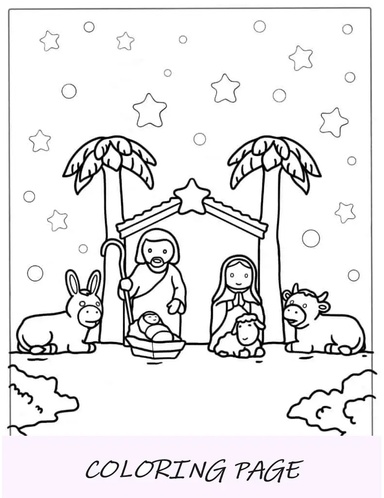 Página para colorir de Natal do presépio para crianças em idade pré-escolar