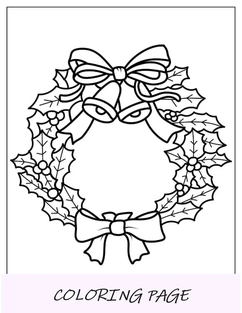 Página para colorir de Natal de guirlanda de visco com arco e sinos