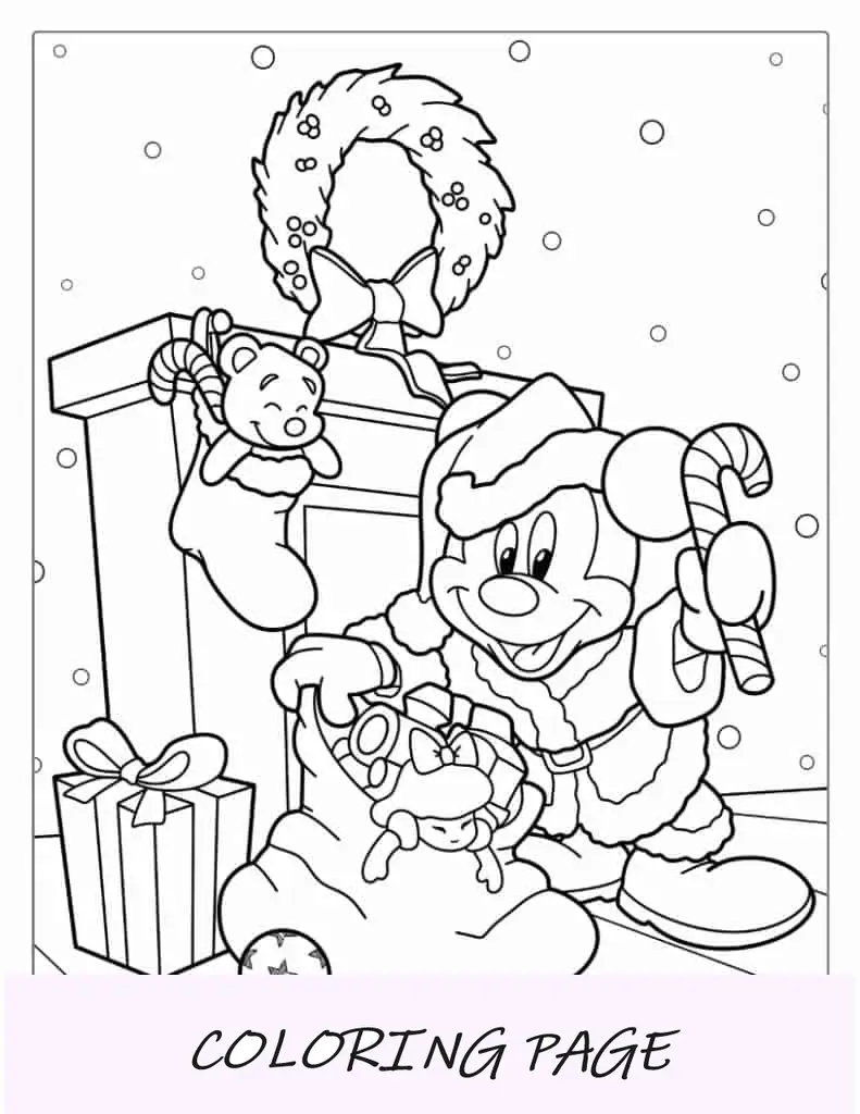 Página para colorir de Natal do Mickey Mouse fantasiado de Papai Noel