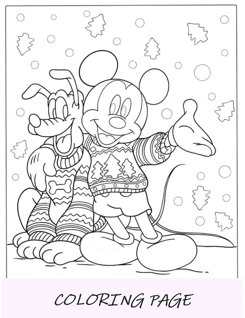 Página para colorir de Natal de Mickey Mouse e Plutão usando suéteres de Natal