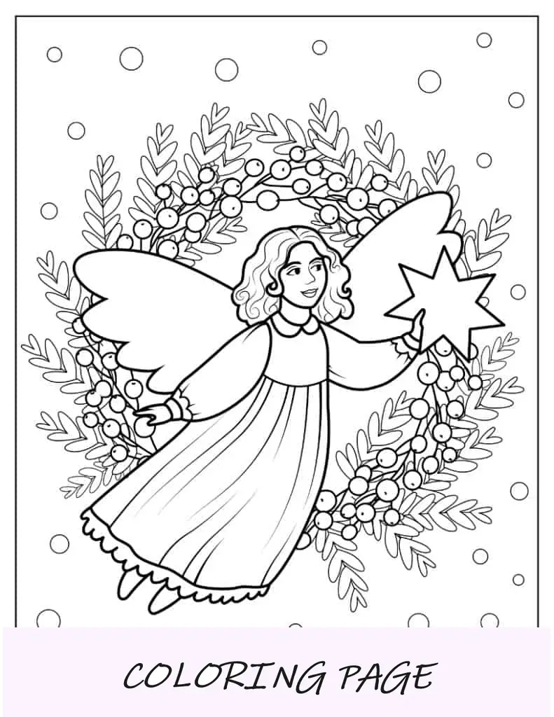 Página para colorir de Natal de anjo na frente da guirlanda de Natal