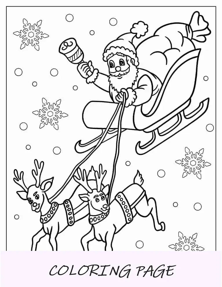 Página para colorir de Natal do Papai Noel Kawaii em seu trenó