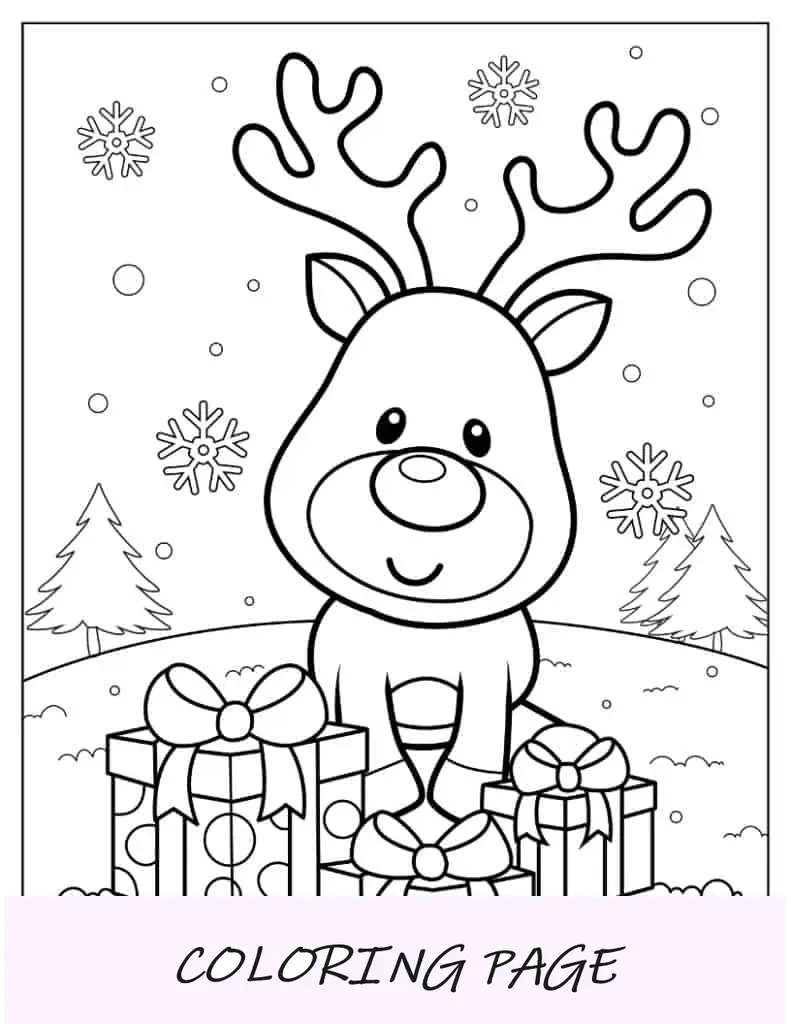 Página para colorir de Natal de Kawaii Rudolph com presentes