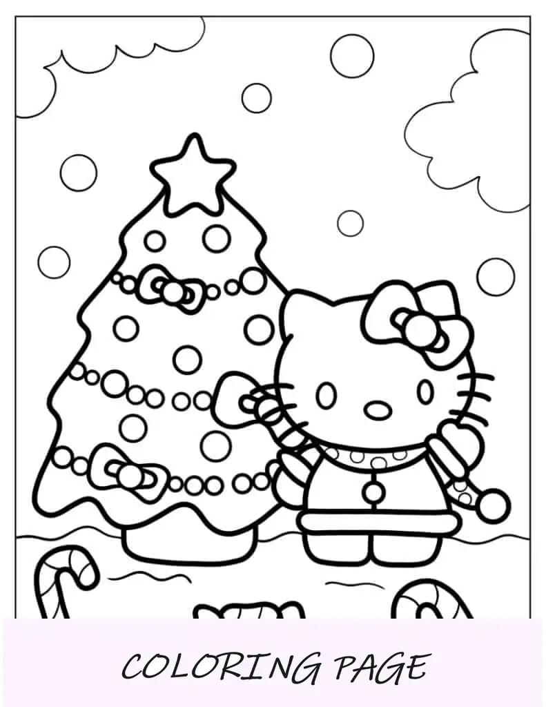 Página para colorir de Natal de Kawaii Hello Kitty decorando árvore de Natal