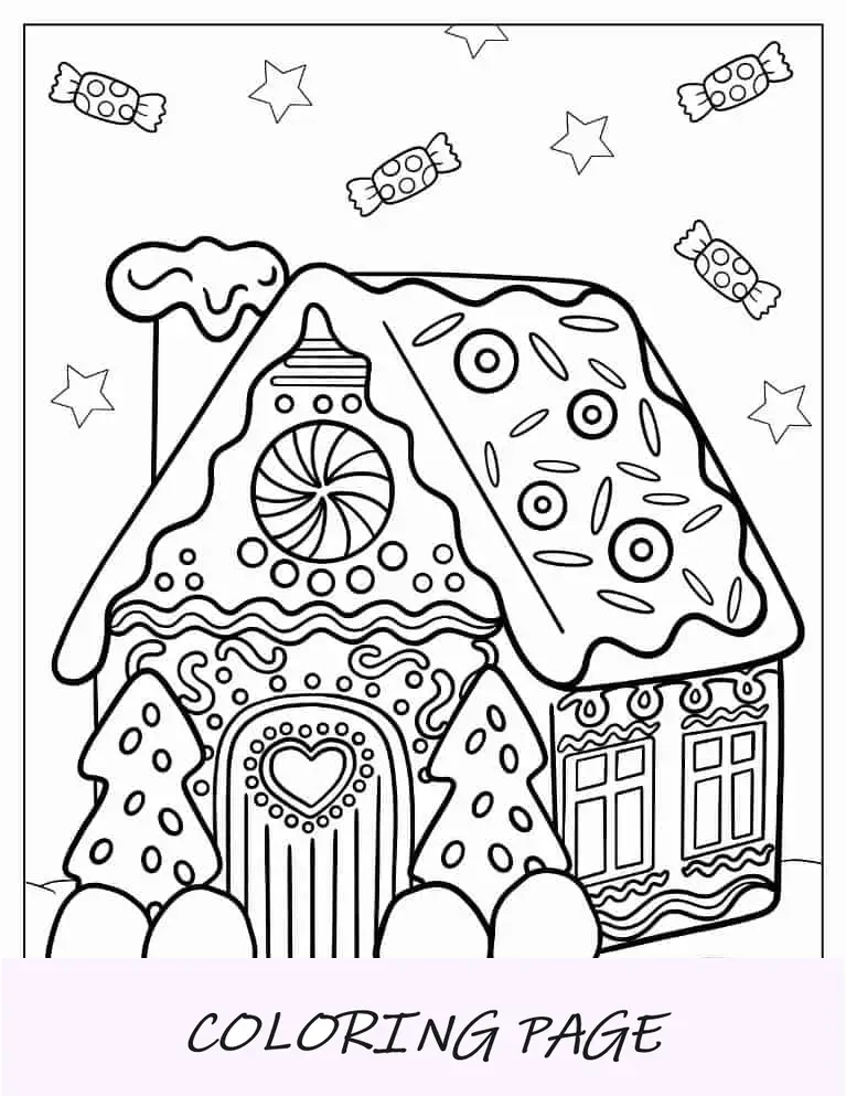 Página para colorir de Natal da Kawaii Gingerbread House para crianças em idade pré-escolar