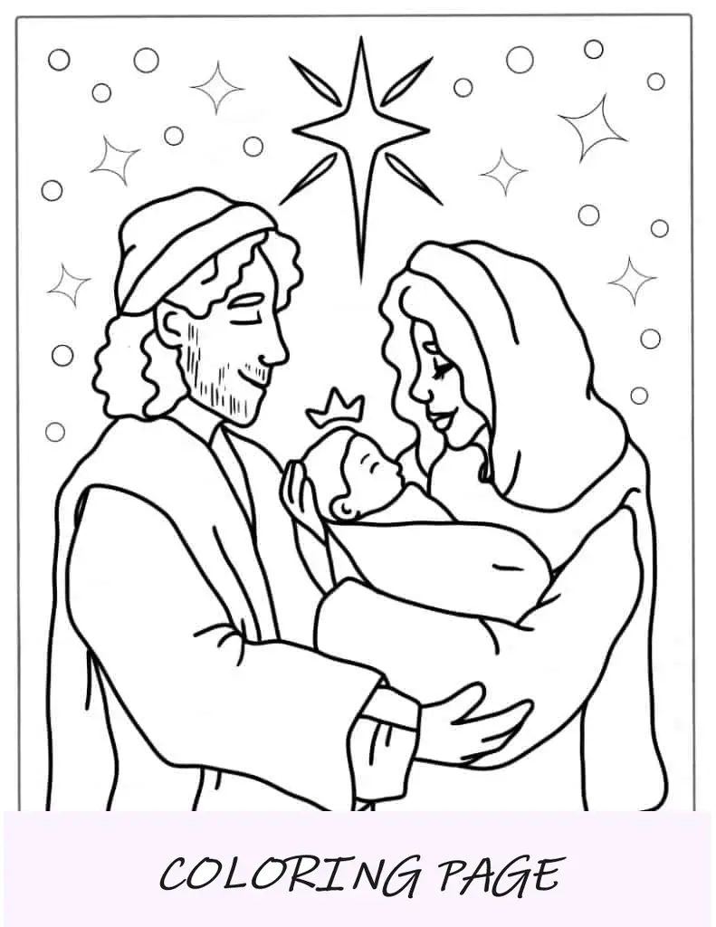 Página para colorir de Natal de José, Maria e o Menino Jesus