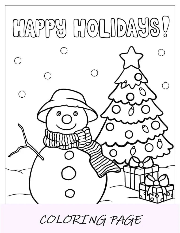 Página para colorir de Natal de Boas Festas, Boneco de Neve e Árvore de Natal