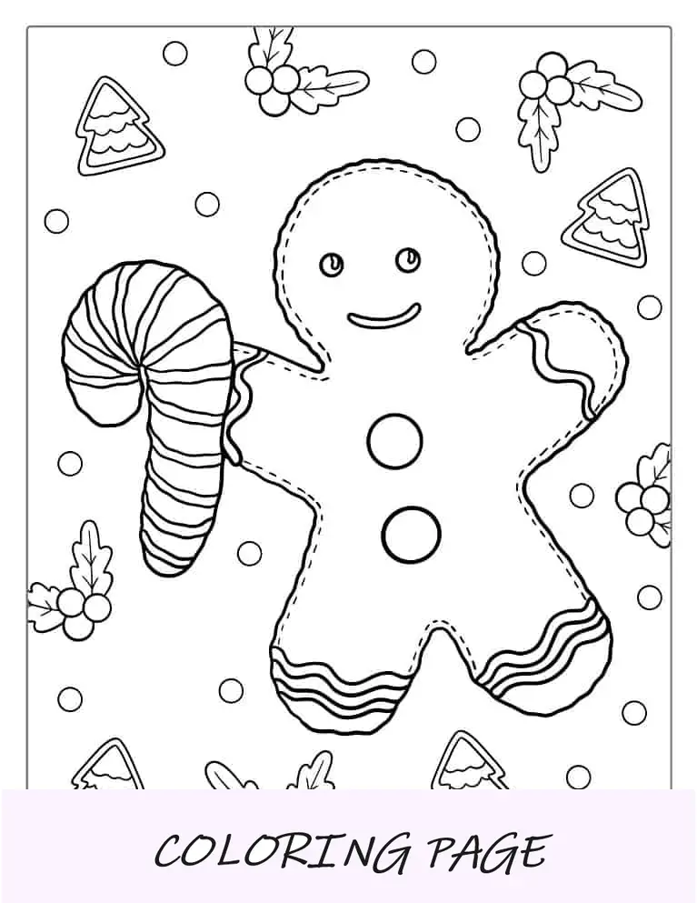 Página para colorir de Natal do Homem Biscoito Segurando uma Bengala