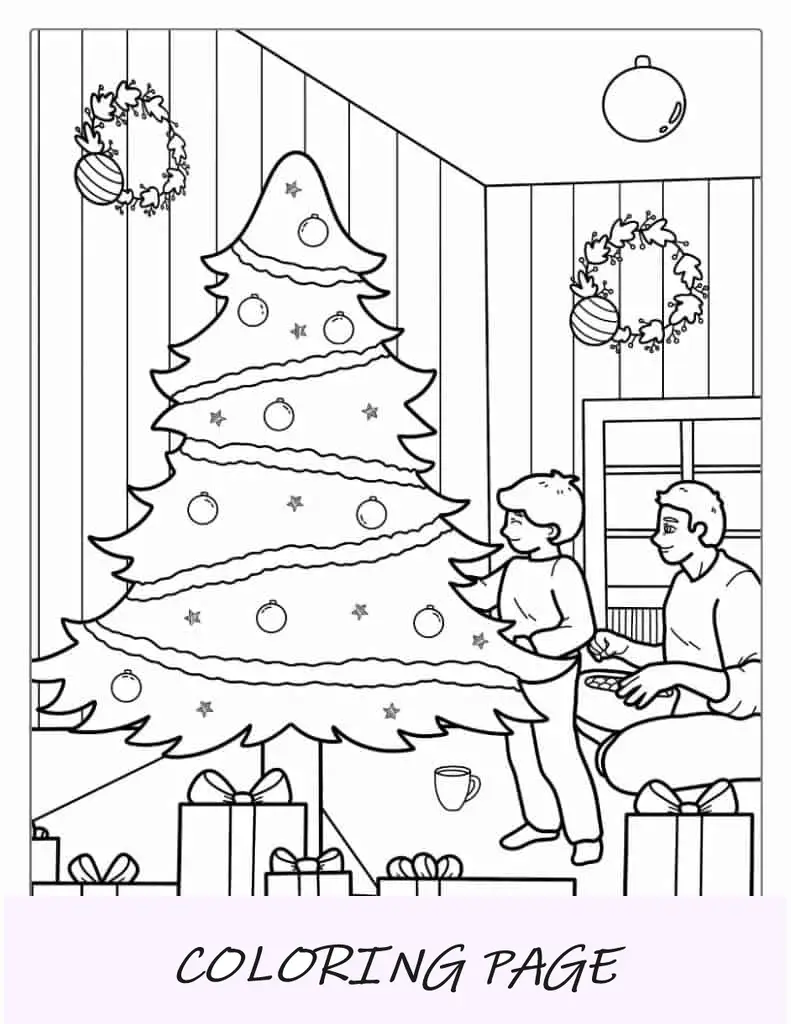 Página para colorir de Natal de pai e filho decorando a árvore de Natal