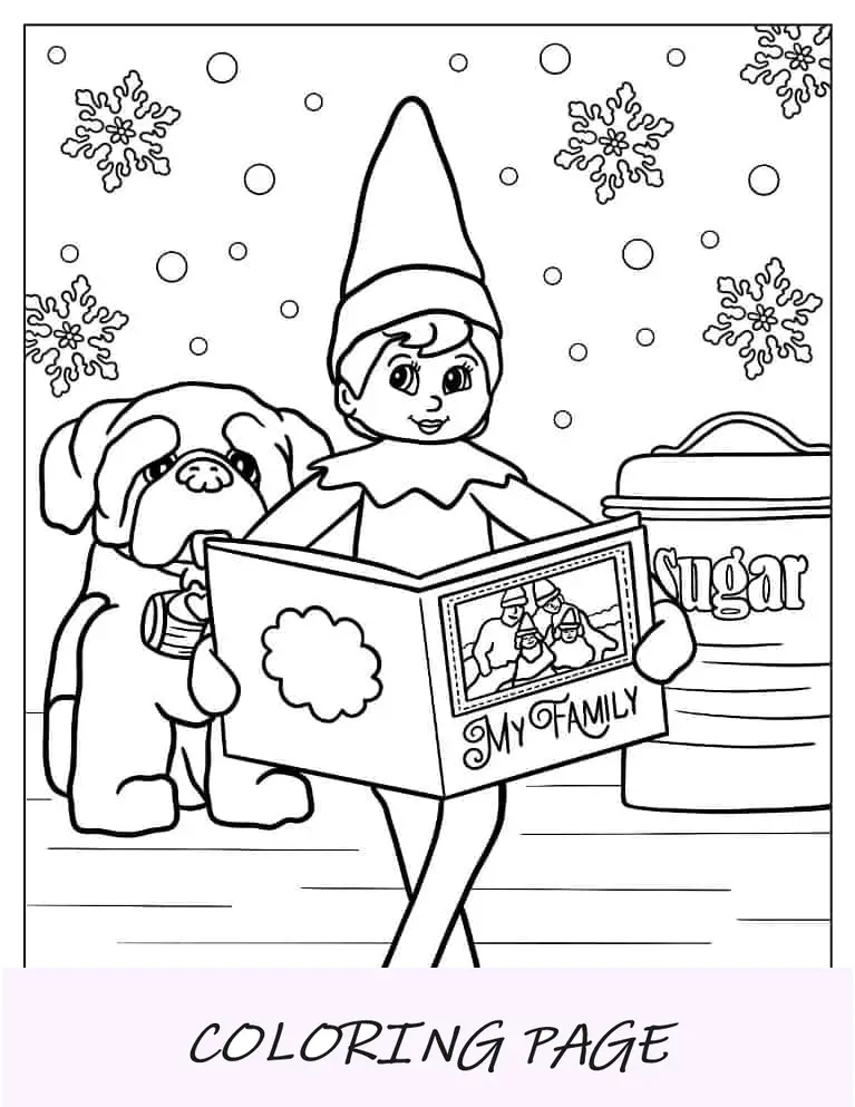 Página para colorir de Natal de Elfo na prateleira com cartão de Natal
