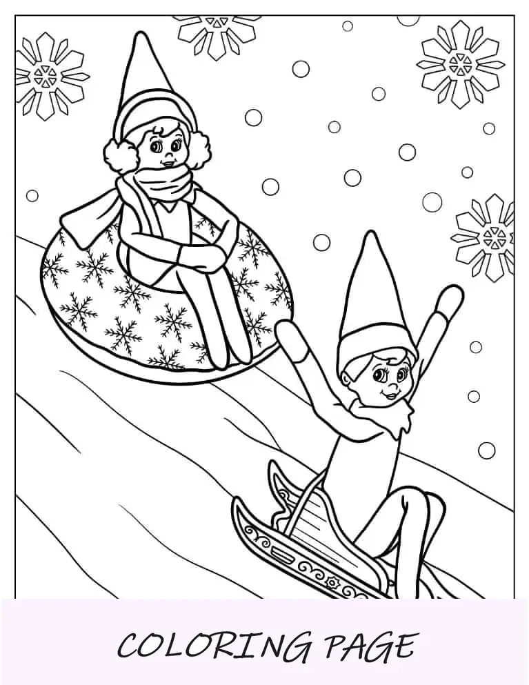 Página para colorir de Natal do Elfo na Prateleira Brincando na Neve