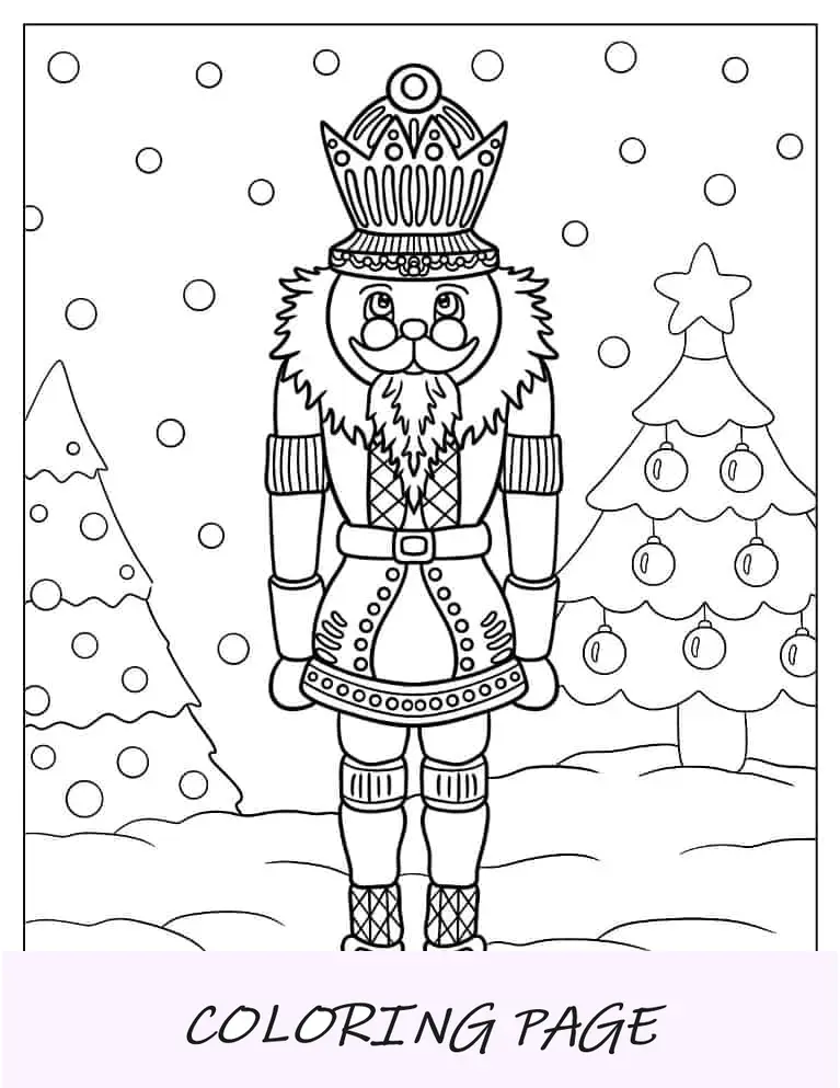 Página para colorir de Natal do quebra-nozes detalhado no dia de Natal com neve