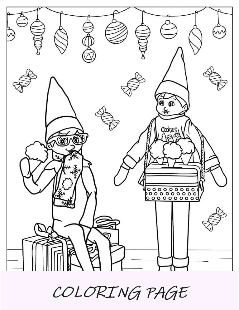 Página para colorir de Natal do Elfo detalhado na prateleira