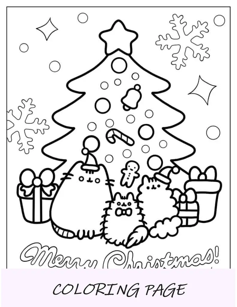 Página para colorir de Natal de Pusheen fofo na frente da árvore de Natal