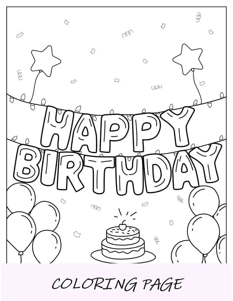 Balões de carta de feliz aniversário para colorir