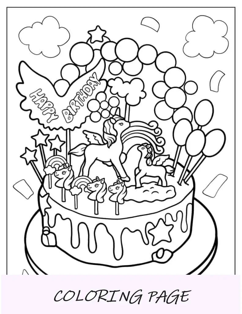 Bolo de aniversário de unicórnio para colorir para crianças